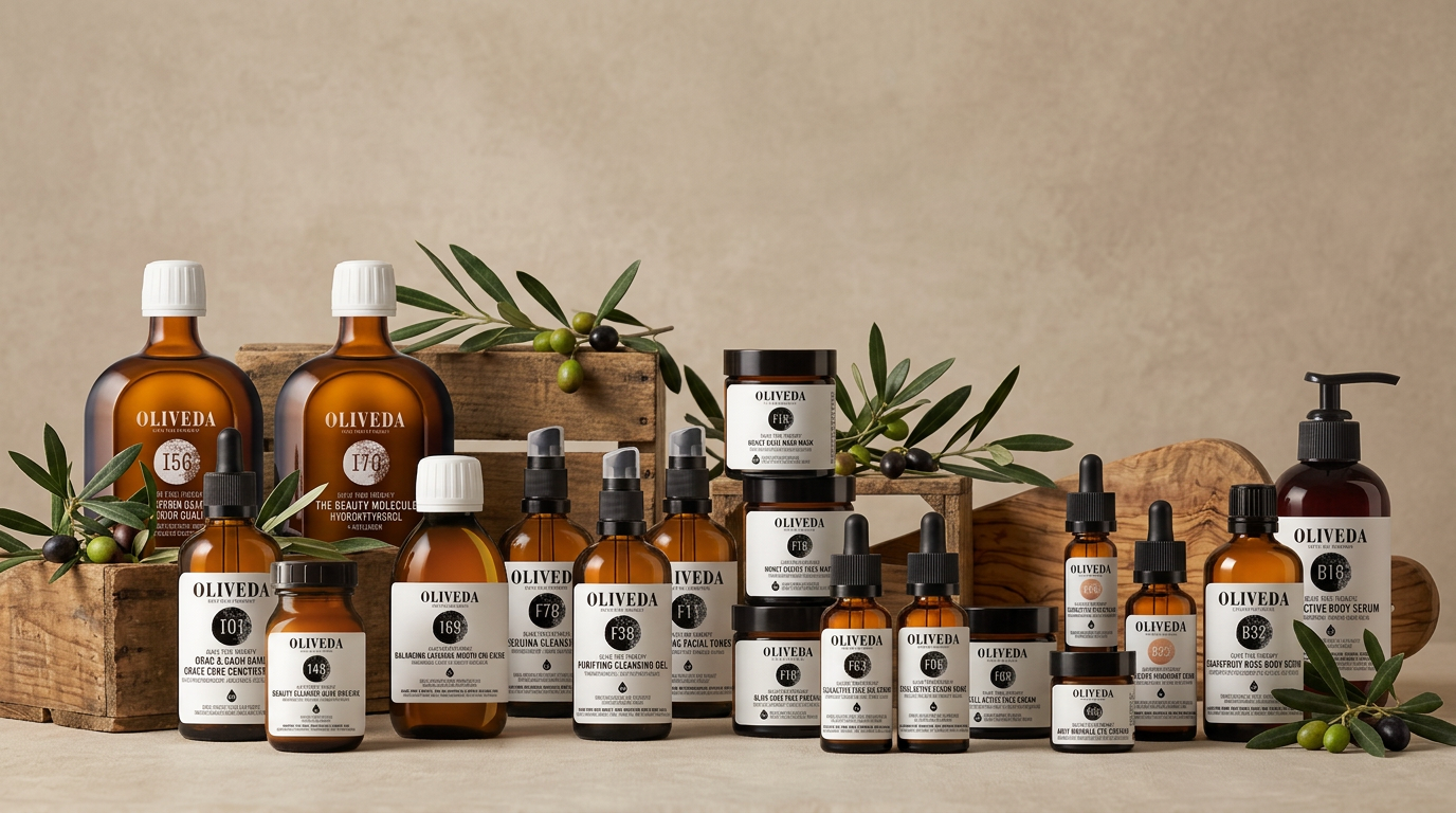 Oliveda products arranged with olive branches and wooden crates