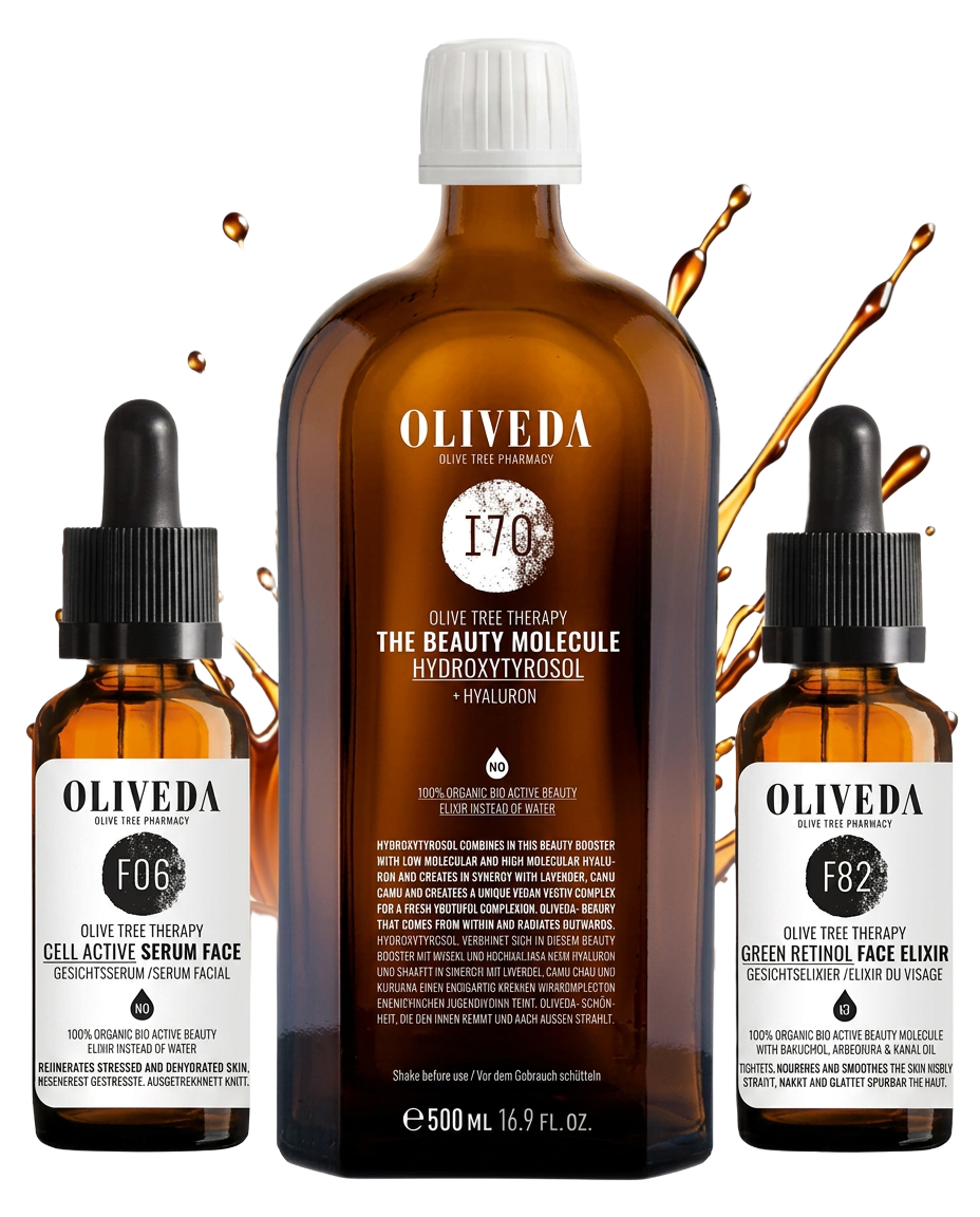 Oliveda I70 Beauty Molecule, F06 Cell Active Serum and F82 Green Retinol Face Elixir bottles