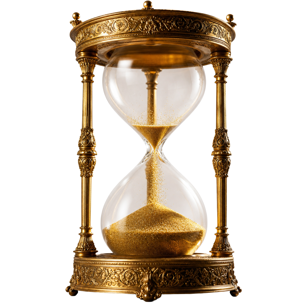 A majestic golden hourglass with sand nearly finished, running out