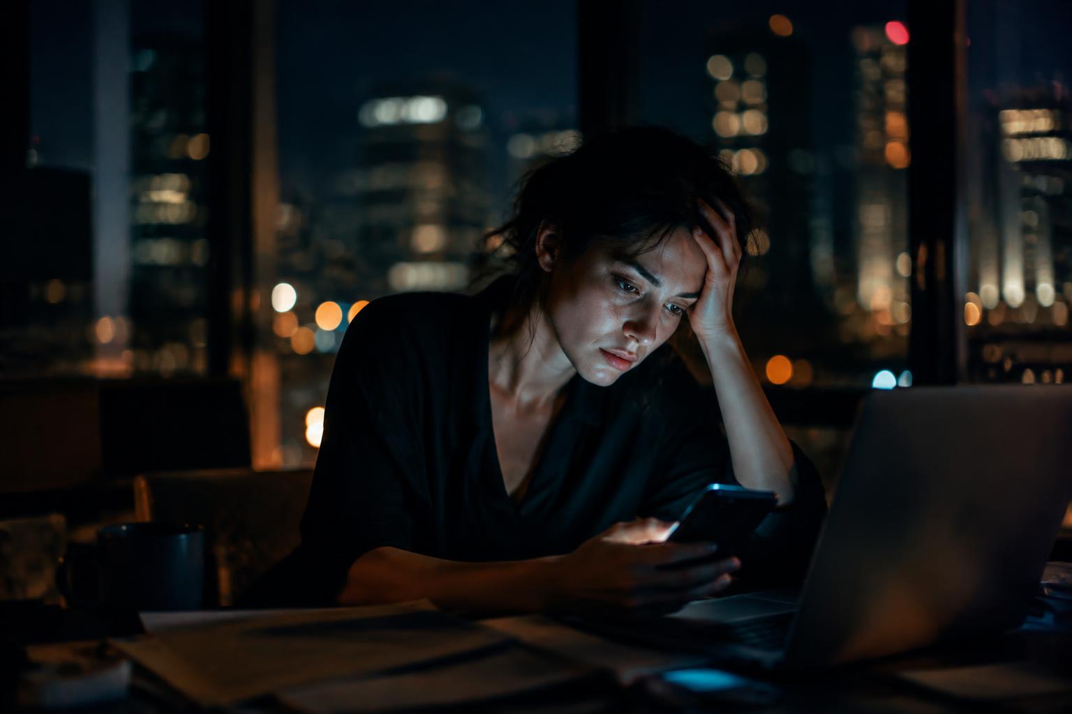 An exhausted woman at her desk late at night, lit by her phone and laptop