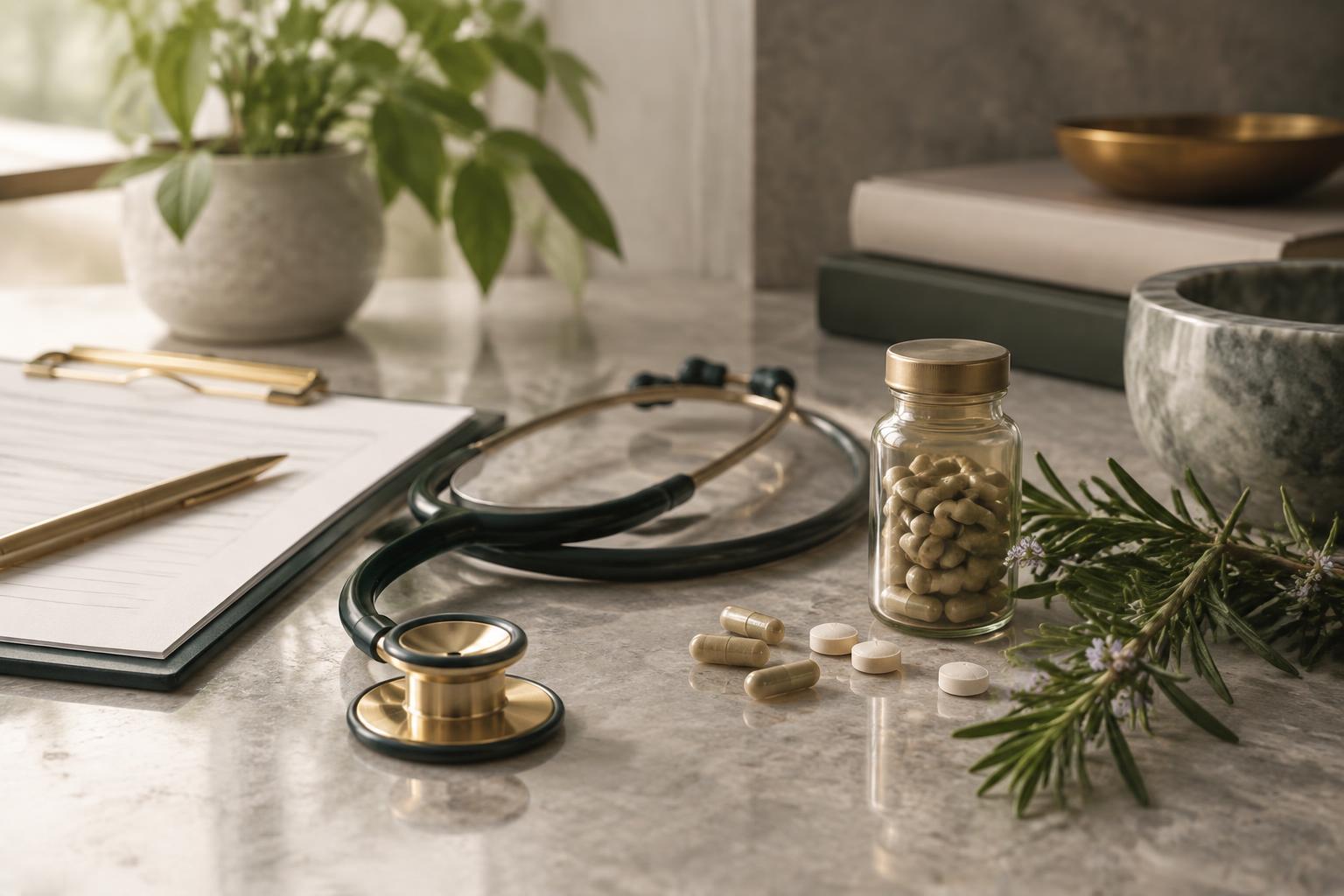 A stethoscope, medicine and rosemary arranged on a clinical work surface