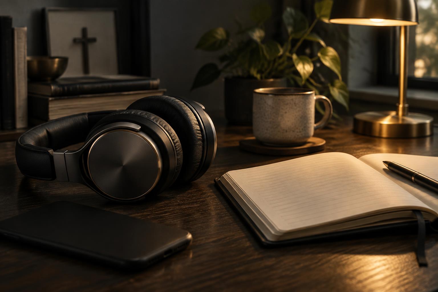 Headphones beside an open notebook in a quiet room