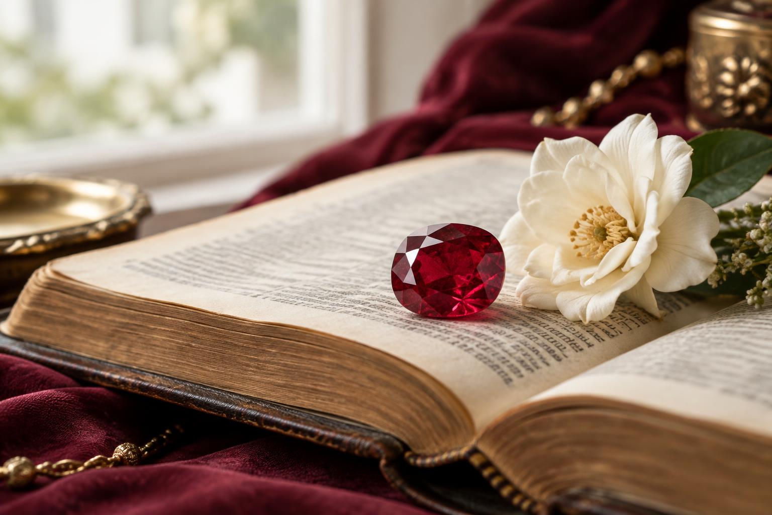 A ruby resting on an open Bible beside an ivory flower