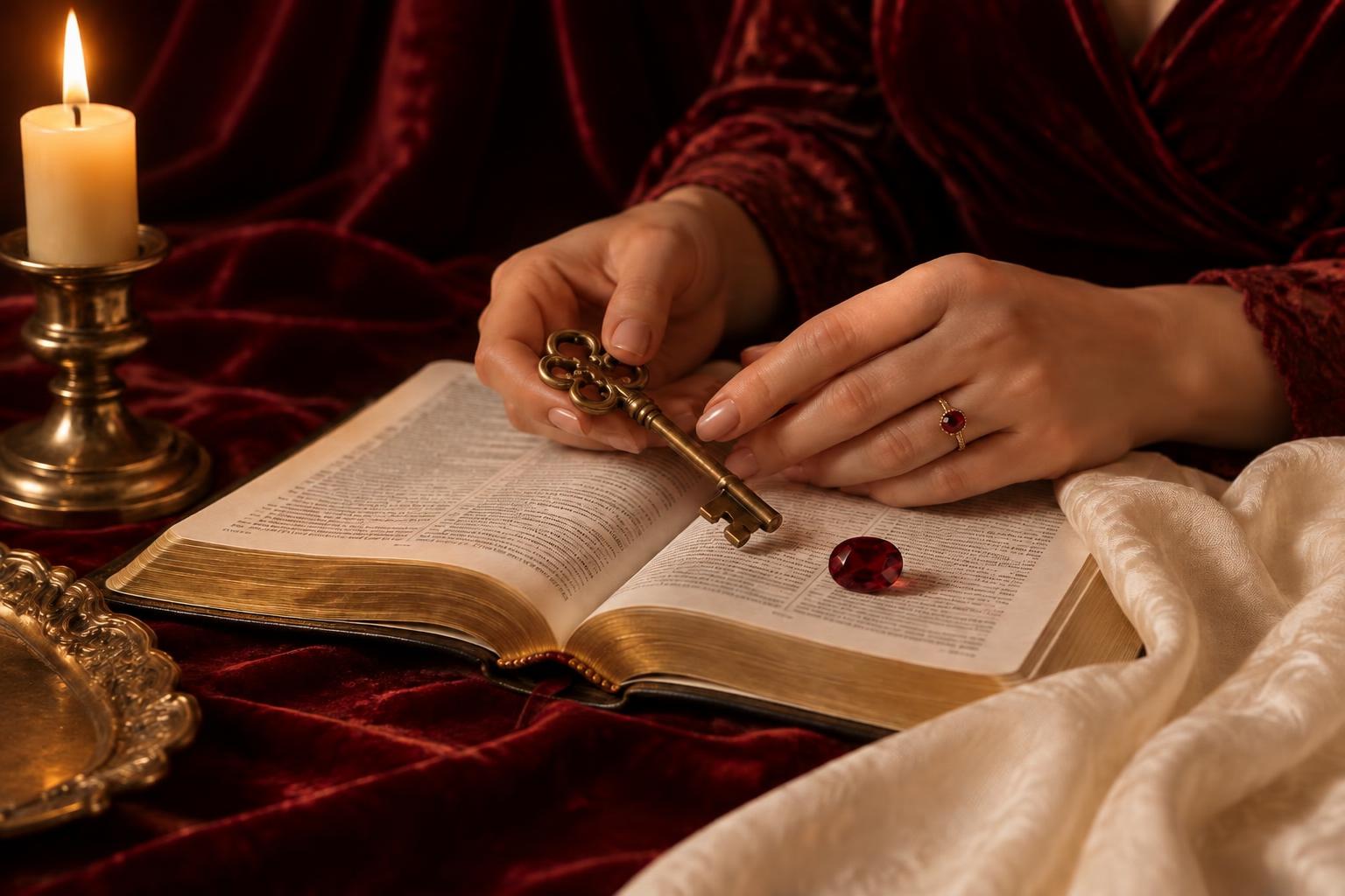 A woman holding a brass key over an open Bible beside a ruby and candle